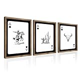 flangairy 3 Piece Western Wall Art Framed, 15.7×11.8 In Wooden Cowboy Longhorn Bull Skull Cactus Wall Decor, Playing Card Themed Southwestern Rustic Farmhouse Decorations for Home Bedroom Living Room