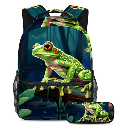 Cartables grande capacité Fun Pond Grenouille verte sac à dos ado avec trousse