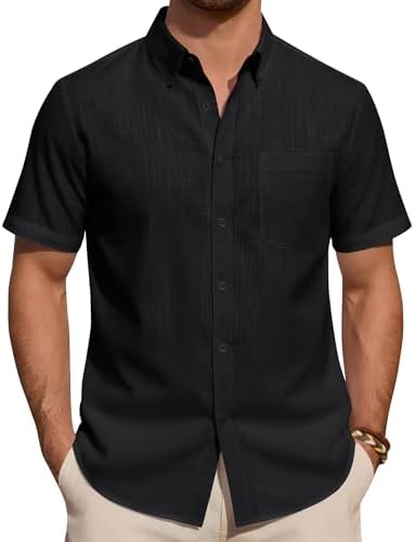 J.VER Leinenhemd Herren Kurzarm Hemd Sommer Freizeithemden Herren Casual Beach Shirts Regular Fit Männer Leinen Hemd Button Down Basic Men Shirts mit Brusttasche