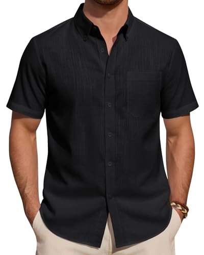 J.VER Hemd Herren Kurzarm Regular Fit Kurzarm Leinenhemd Sommer Freizeithemd Button Down Strand Oberteile Schwarz XXL