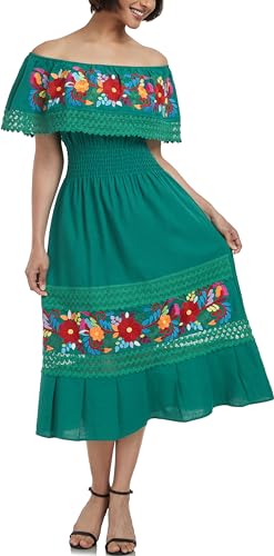 Image of YZXDORWJ Women Embroidered Mexican Peasant Casual Sexy Lace Off-Shoulder Long Dress