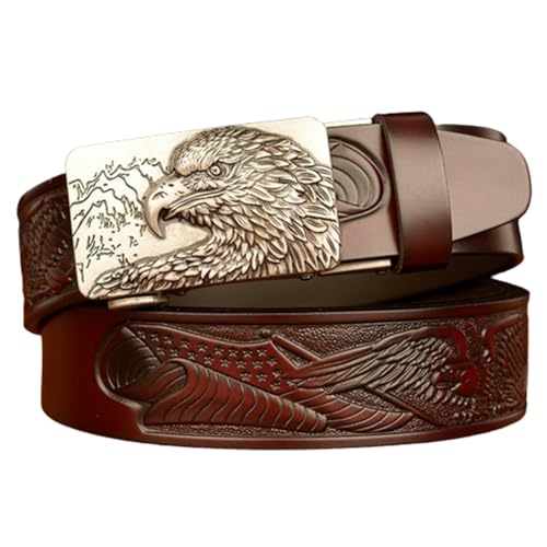 Men Ratchet Embossed Belt With Silver Eagle Engraved Auto Buckle - Western Waist Strap For Jeans