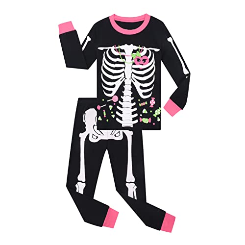 Benaive Pajamas for Girls, Pjs for Girl Cotton Pajama, 2-Piece Children Halloween Pants Set (Skeleton, Black, 5) - image 1