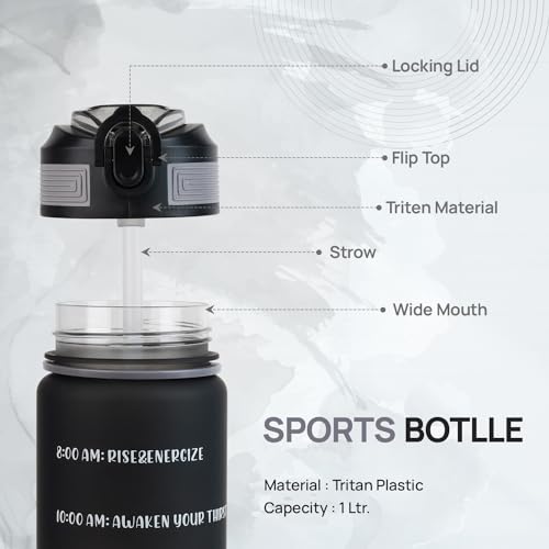 Image of SKYTONE Water Bottle 1 Litre, Motivational Water Bottles, Leakproof Durable BPA-Free Non-Toxic Bottle for Office, Gym, Home, Outdoor (Black)
