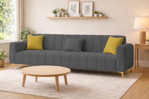 Image of Casaliving Velour Modern Velvet Sofa, Tufted Design Upholstered 3 Seater Sofa Set for Living Room, (Black Colour) Premium Velvet Fabric Sofa