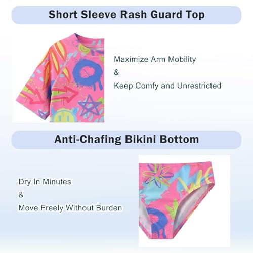Image of Girls Two Piece Swimsuits Short Sleeve Rash Guard Swim Shirt Bikini Bottom Swim Set Bathing Swim Set Swimwear 3-16 Years