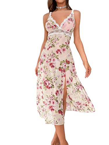 Sweatyrocks Women's Deep V Neck Floral Print Lace Trim Chemise Dress Split Thigh Long Mesh Teddy Nightgown Multicolor Xl #TOP29