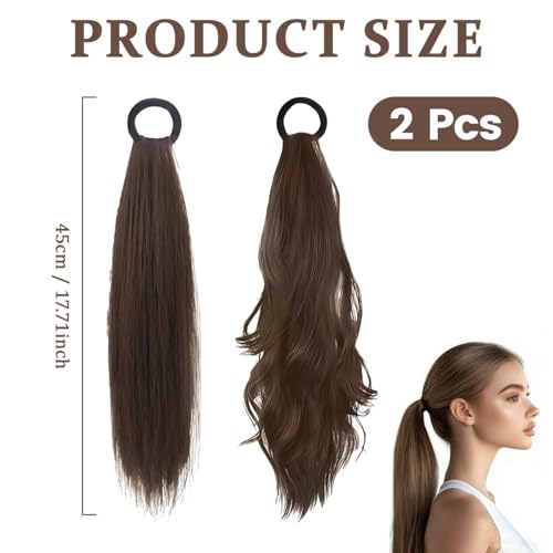Jetstream 2 Stück Zopf Extension, 45cm Pferdeschwanz Haarteil, Ponytail Extension, Echthaar Zopf, Dunkelbraun, Gerader und Welliger Pferdeschwanz, Geeignet für Frauen und Mädchen