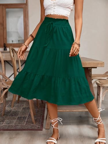 Women's Casual Summer Skirts Boho High Elastic Waisted Flowy Drawstring Ruched A Line Tiered Midi Dress Skirt3