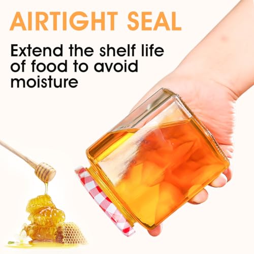 Glass Jam Jars 280ml (9oz) with Red Gingham Lid & Labels - Hexagonal Preserving Jars with Airtight Seal - Clear Storage Jars for Homemade Jam, Pickles, Chutney, Honey, Coffee & Bulk Foods - 6 Set