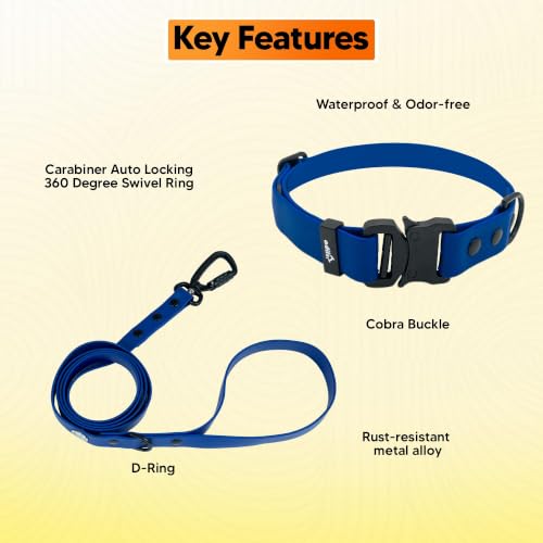 Image of Adil's Biothane Waterproof Dog Collar, Dog Leash & Collar Leash Combo | Heavy Duty TPU Coated Webbing | Adjustable Quick Release Buckle | Odour Resistant (Blue, M-18, Collar & Leash Combo)