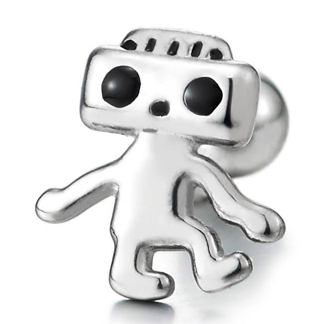 Robot Stud Earring with Black Enamel Details, Mens Womens Small Stud Earrings in Steel, Screw Back2