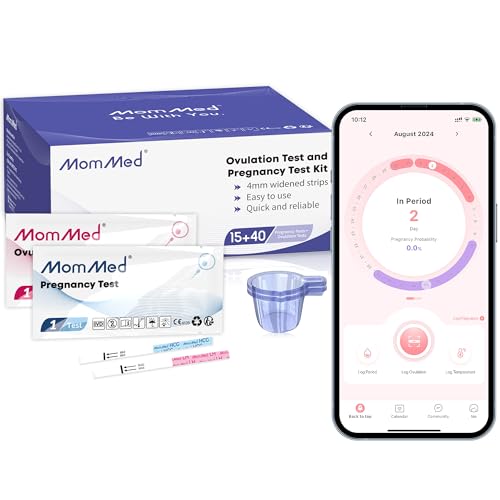 MOMMED Kit de Prueba de Ovulación y Embarazo, (HCG15-LH40) Alta Sensibilidad de 25 mIU/ml, 15 de Test de Embarazo, 40 de Test de Ovulación, 55 Vasos de Orina, Resultados Rápidos y Precisos