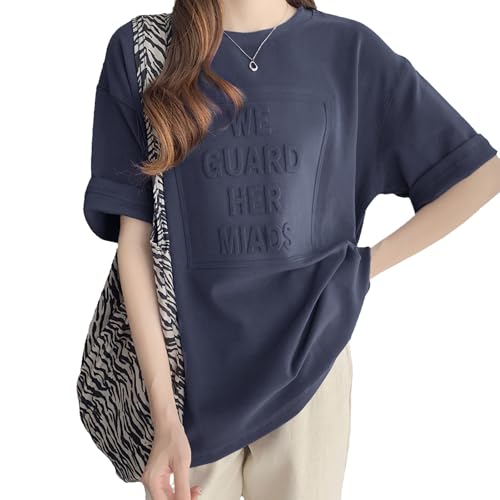 [Luxiwear] Tシャツ レディース 半袖 【今夏一枚で着痩せ！お尻が隠れる丈·こなれ立体ロゴ】 夏 ティーシャツ クールネック 細見え 小顔 トップス 体型カバー 大きいサイズ オーバーサイズ ゆったり 薄手 カットソー きれいめ かわいい カジュアル (L, パープルネイビー)の商品画像（Amazon）