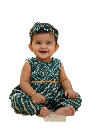 Image of The Root And Craft Kids Birthday Photoshoot Outfit Dress Girls Bandhani printed Top With Dhoti pant & Hairband Born Baby Photography Photoshoot Props(0to 18 Month)