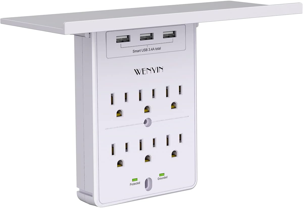Surge Protector with Shelf, Multi Plug Outlet, WENYIN Outlet Expanders with 6 Outlet Extender and 3 USB Ports, ETL Listed, White