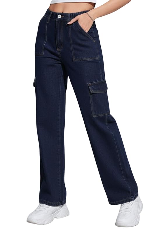 Image of Amazon Brand - INKAST Women Multi-Pocket Denim Cargo Pants Casual Fit Stylish Trousers