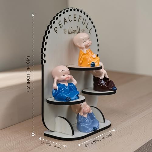 Image of P Arts Buddha Monk Set of 4 Statue Figurines Home Decor Items, Miniature Monk Statues with Wooden Stand, Mini Idol for Living Room, Meditation Spaces, Room Decor (White Budha)