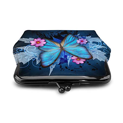 Blue Butterfly Flower Women's Leather Coin Purse, Small Change Pouch With Kiss-Lock Clasp Closure Buckle Wallet For Girl Gift #TOP1
