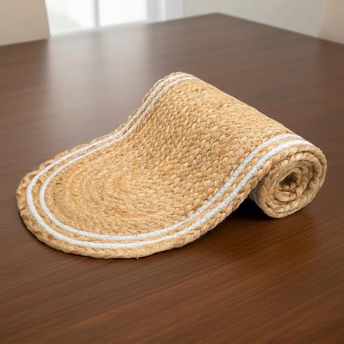 Image of Encasa XO Dining Table Runner | Handmade Woven Natural Jute Runner | Size 30x137 cm | Off White & Jute Natural Bleach Color | Heat Resistant Rustic Home Decor for Coffee, Teapoy Cover & Center Table