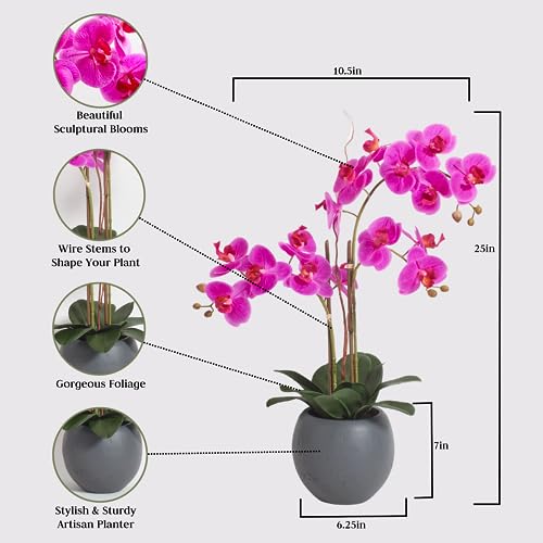 CG Hunter Faux Pink Orchid Plant, Premium Artificial Indoor Flower Display Stands 25-Inches with Beautiful Sculptural Blooms and Foliage That Lasts Forever, Grey Planter Pot Included