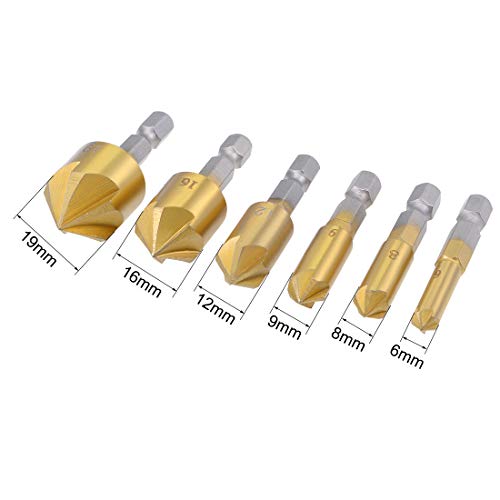 Uxcell Countersink Drill Bit Set With Center Punch Hss 90 Degree 1/4" Hex Shank 5 Flute Bit 6Mm-19Mm #TOP2
