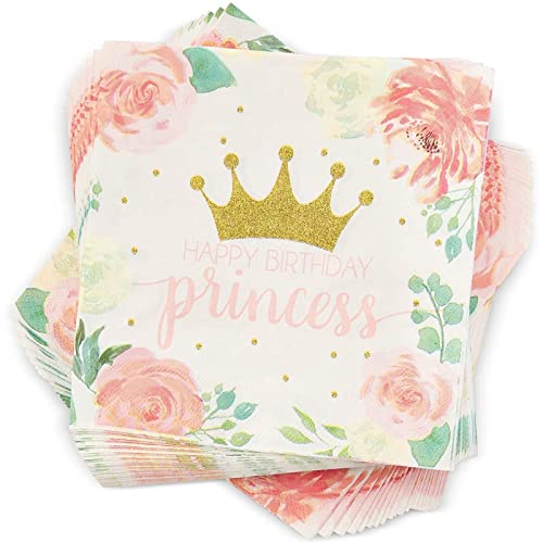 100 Pack Pink Princess Paper Napkins for Kids Birthday Party (2-Ply, 6.5 x 6.5 In)