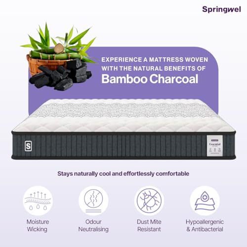 Image of Springwel Essential Reversible 8 Inch Mattress | 15 Yrs Warranty | HR Foam | Medium Firm Quilted Mattress with Breathable & Anti Microbial Bamboo Charcoal Fabric Cover | Queen Size (78X66X8) Inches