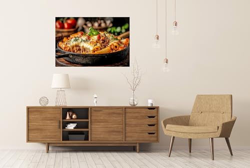 islandburner XXL Bild Poster Überbackene Rigatoni mit Fleisch und Käse in einer Pfanne für Küche Gourmet Restaurant Premium Bilder Fotodruck