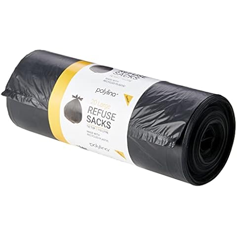 Polylina 20 Tie Top Large Tough Durable Heavy Duty Bin Bags Refuse Sacks, Recycled Plastic, Black, 110 Litre Cover