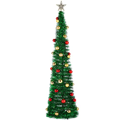 5 Ft Collapsible Pop Up Tinsel Christmas Tree, Green Artificial Pencil Xmas Tree With Christmas Balls For Apartments, Dorm Rooms, Fireplace, Holiday Party Decoration #TOP24