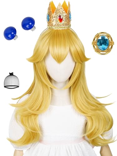 Half and Half Long Blonde Curly Princess Wig Set 22 Golden Wave Wig with Bangs Synthetic Hair Wigs for Halloween Costumes Party