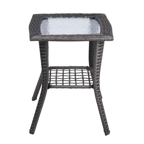 Bonnlo Mesa Auxiliar Exterior de ratán, Mesa balcón, Mesa Nevera jardín Exterior, con Tablero de Cristal, 46x46x57 cm (Gris)