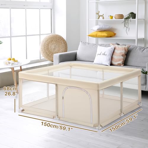 BEJOY Baby Playpen, 150cm Compact and Strong, Foam Protection, Anti-Slip, Transparent Breathable Mesh Round Zipper Door Safety Playard for Baby and Toddlers Indoor & Outdoor (Beige) - Image 3