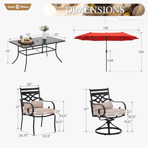 Sophia & William Patio Dining Set for 6 | 13ft Patio Umbrella Red | 4 Fixed Chairs | 2 Swivel Patio Dining Chairs | Removable Seat Cushions | Black 59" Patio Dining Table - Image 3