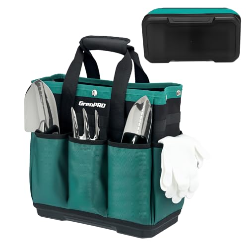 GrenPRO Garden Tool Bag Molded Bottom, Heavy Duty Tool Tote Toolbox with 10 Pockets, Reinforced...