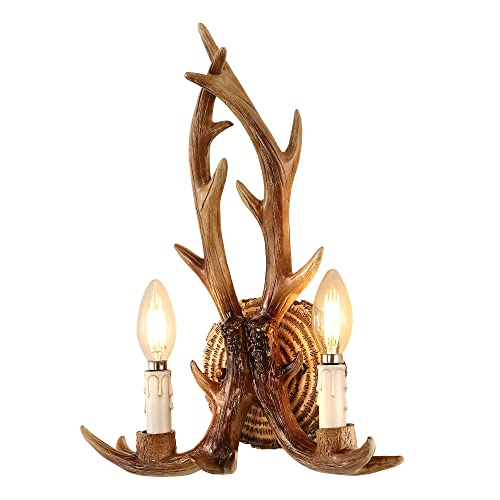 Image of Antler Wall Sconce, 1-Light Vintage Faux Deer Horn Wall Lamp, Retro Brown Hardwired Flush Mount Indoor Light Fixture for Bedroom, Hallway, Living Room, and Fireplace (Bulb Not Included)