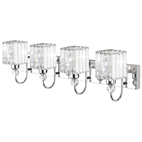 Image of Ralbay Chrome Crystal Vanity Light 4-Lights 31.5'' Modern Bathroom Wall Lighting Over Mirror