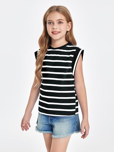 Image of Haloumoning Girls Cap Sleeve T Shirts Summer Striped Tank Tops Tees 4-14 Years