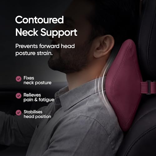 Image of Frido Premium Car Neck Rest Pillow with Ergonomic Memory Foam Headrest Cushion and Luxe Leatherette Cover, Comfortable Neck Support for Driving, Relieves Neck Pain for Long Drives and Travel | Maroon