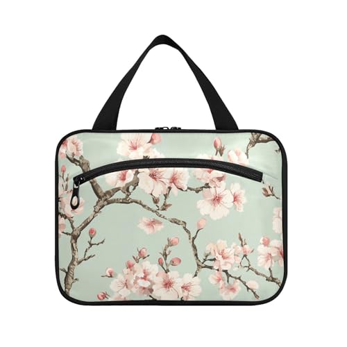 Bolsa colgante vintage con diseño de flor de cerezo verde salvia, 1 bolsa colgante para hombre con gancho, bolsa de aseo elegante de diseño para colgar artículos esenciales de viaje para mujeres