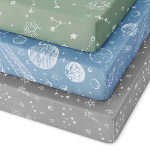 Image of Unnivoll Pack and Play Sheets Fitted 3 Pack, Mini Crib Sheets for Pack N Play Mattress Stretchy Portable Playard Sheets, Soft Breathable Green Gray Constellation