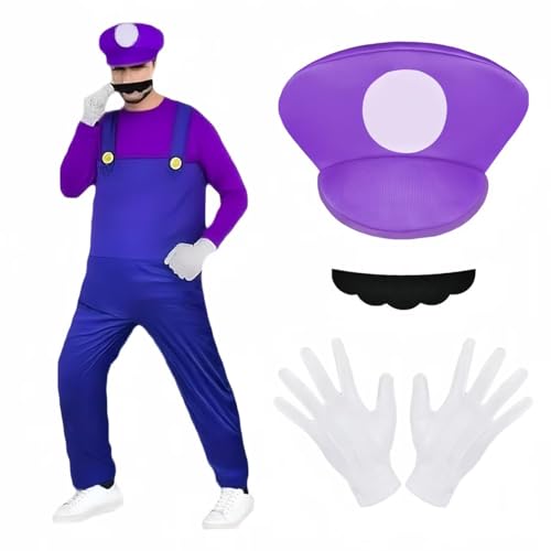 BSBUY Mario Costumes, 4 Pack Mario Cosplay Costume Accessories Kits with Bodysuit, Luigi Hats Cap, Mustaches, White Gloves, Mario Luigi Bros Fancy Dress Outfit Costume for Women Men(Purple)