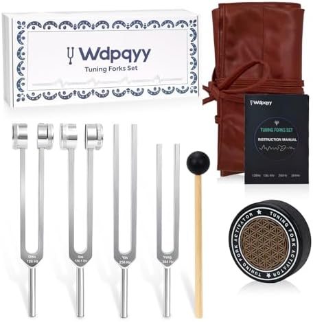 Tuning Forks for Healing(128Hz, 136.1Hz, 256Hz, 384Hz), Weighted & Unweighted Tuning Forks Set with Vegan Leather Pouch & Hockey Puck Activator, Chakra Sound Therapy Instruments