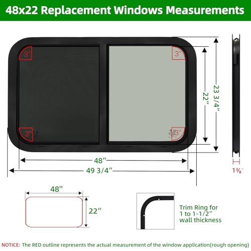 Image of 48 inchW x 22 inchH RV Windows for Cargo Trailer Camper,Tinted Horizontal Sliding | RV Cargo Trailer Camper Window Replacement w /Screen&Trim Ring,Fit 15 /16 inchor 1-3 /8 inch Thick Wall,Allow Error 1 /16 inch,DOT Approved