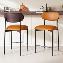 GrandNoor Modern Bar Stools Set of 2, 24 Inch Upholstered Brown Faux Leather Counter Height Bar Stools with Curved Backrest & Metal Legs, Counter Height Stools with Back for Kitchen Island