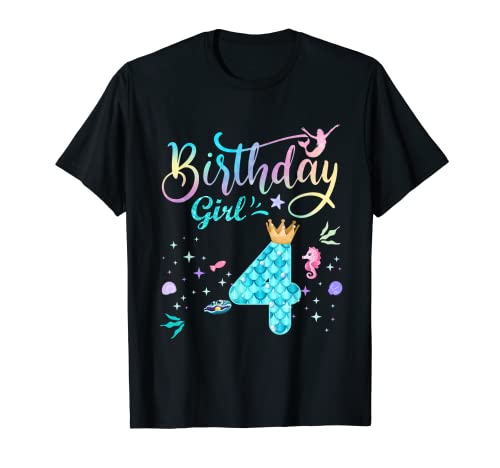 Mermaid Birthday Girl 4 Year Old Cute Mermaid 4th Birthday Camiseta