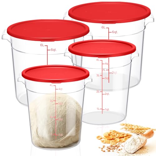 Suclain 4 Set 6 Quart 4 Qt Round Food Storage Containers with Lids Clear Proofing Container for Dough Bread with Scale Handle Home Restaurant Commercial Food Storage(Red)