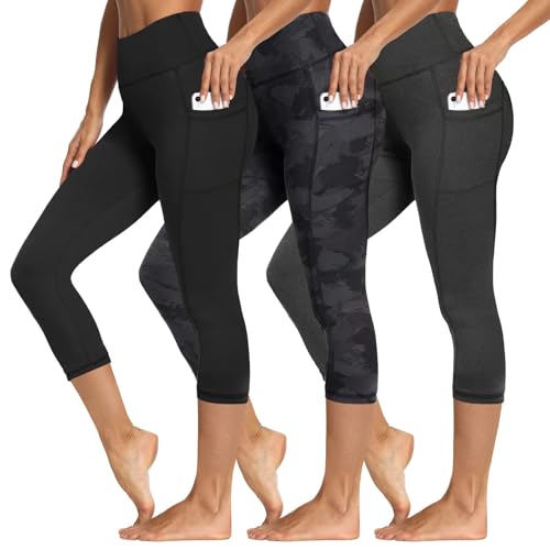 3 Packs Leggings with Pockets for Women, Soft High Waisted Tummy Control Workout Yoga Pants 18inch XX-Large 3 Pack Black,black Print,heather Grey