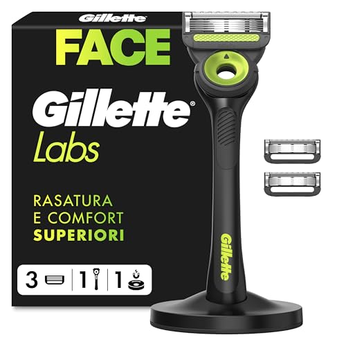 Gillette Labs con Barra Integrata, Rasoio da Uomo, 1 Manico, 3 Lamette di Ricambio, con Base Magnetica Premium, Rasoio Barba, Gillette Labs Lamette di Ricambio